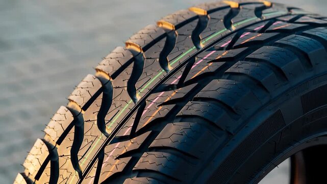 Eco friendly delivery tire with deep tread pattern for enhanced grip and safety, sustainable rubber designed for efficient urban transportation and driving solutions, closeup black tread pattern