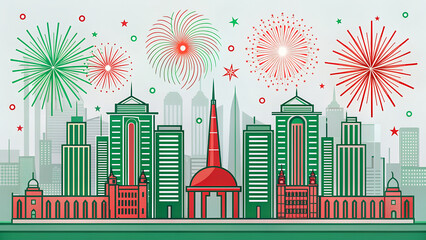 Festive cityscape with green and red fireworks illuminating the sky above modern buildings, featuring a distinct conical tower and grand architectural structures