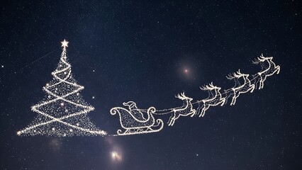 Christmas light display of santas sleigh pulled by reindeer flying past a tree