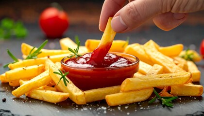 Close-up of golden french fries being dipped in tomato sauce