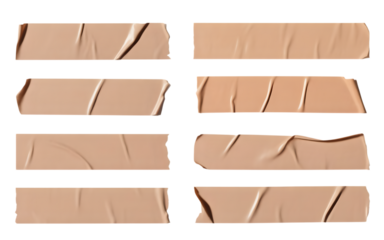 Collection of torn brown packing tape pieces isolated on transparent background