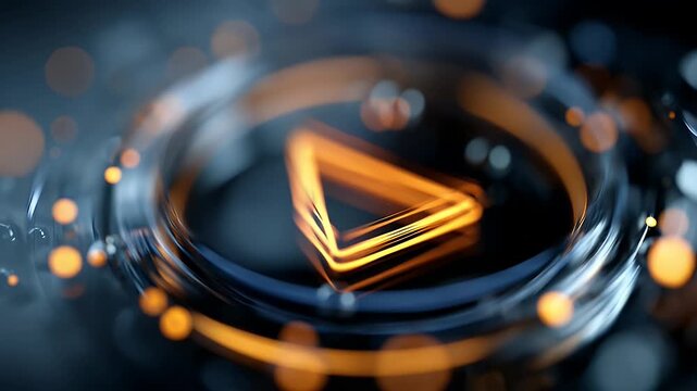 Abstract glowing orange triangle shape within a dark blue circular structure with bokeh lights and reflective surfaces creating a futuristic and technological atmosphere