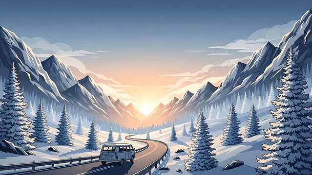 Mountain Road Trip Year End Holiday Minimalist Illustration