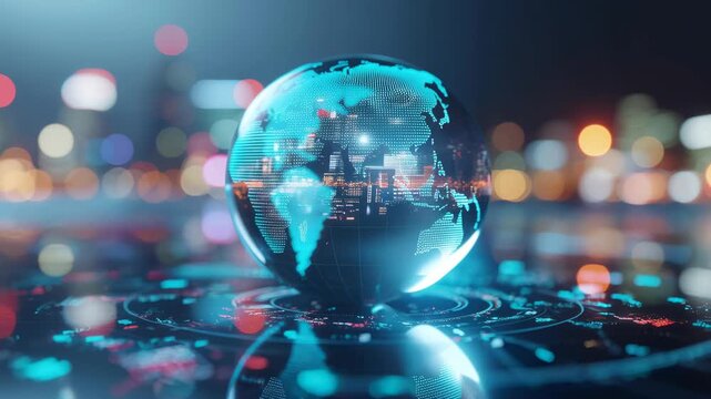 Glowing globe digital futuristic technology world map with city lights at night, global network innovation driving economic growth, finance, urban data, business progress, and worldwide connection