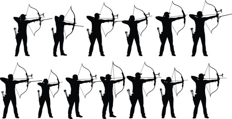 Black Silhouettes of Archers Drawing and Holding Traditional Bows and Arrows, Aiming at Target in Full Draw Position