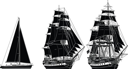 Black Silhouette of Historical Clipper Ships, Tall Sailing Vessels and Modern Sailboat, Nautical Ocean Transportation Vector Art © Mst