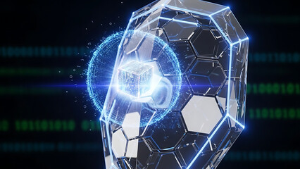 Cybernetic Shield: An abstract representation of technology, featuring a geometric crystalline structure enveloping a digital cube.