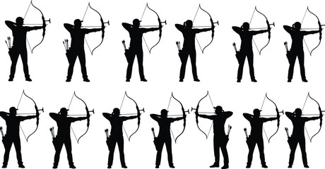 Obraz premium Twelve Archery Silhouettes Showing Men and Women Holding Bows and Arrows, Aiming Ready to Shoot