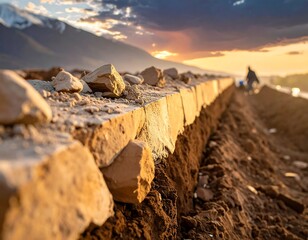 Close-up of a construction site at sunset, mountain in background