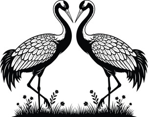 Fototapeta premium Two elegant red-crowned cranes vector, standing in heart shape, black and white animals, mating dance, nature, love, and detailed feathers illustration.