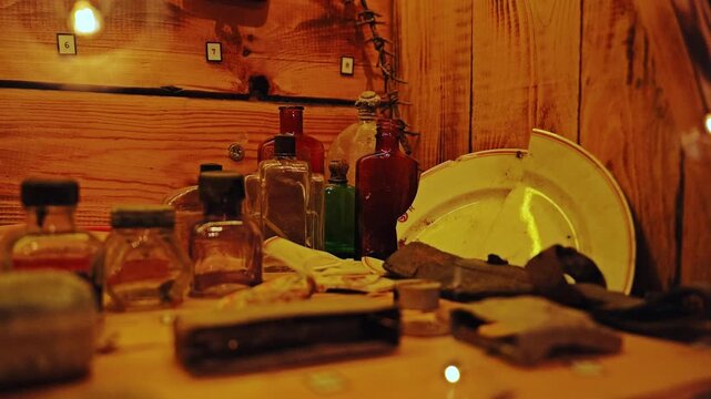 Detailed view of Wolf&rsquo;s Lair historical artifacts illuminated by warm light