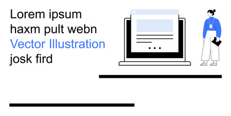 Digital communication, business concepts, education, graphic design, workplace materials, content creation. Laptop screen with text and person in professional attire. Digital communication