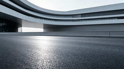 Modern curved building with empty road in front