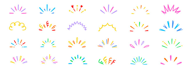 Line surprise shine ray color icon set. Hand drawn doodle color sparkle shine, surprise, sunburst frame with pop confetti ornament element collection. Comic headline decoration light ray. Vector