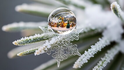 Macro View of a Snowflake with a Water Droplet Reflecting a Christmas Village