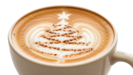 Festive christmas tree latte art in cup isolated on transparent background