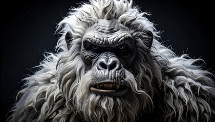 Close-up of a fearsome, white-furred primate with stern expression