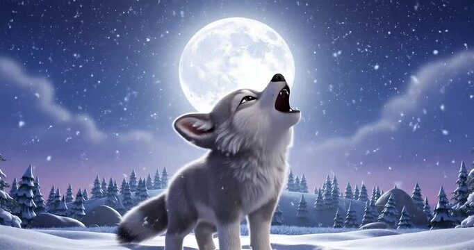 A young wolf howling at a full moon in a snowy landscape with pine trees and a starry sky