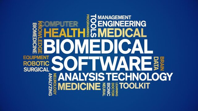 Biomedical software animated word cloud-text design animation tag kinetic typography seamless loop.