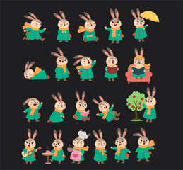 Collection of Adorable Bunny Characters Engaging in Daily Life