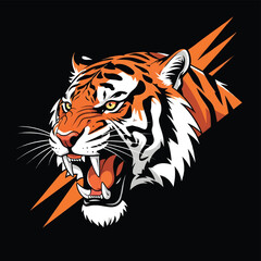 Powerful Roaring Tiger Head Dynamic Orange Lightning Bolts Design
