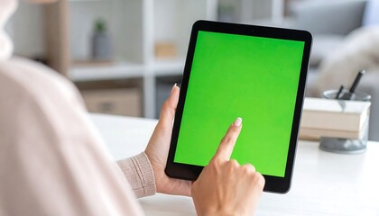 A person uses a tablet with a green screen indoors