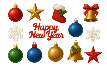 Christmas and new year holiday elements set, including ornaments, stars, snowflakes, bells, stocking, with a transparent background