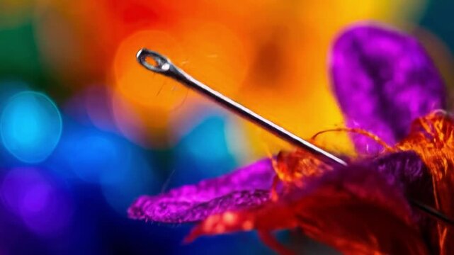 Needle with eye close up in front of colorful abstract background