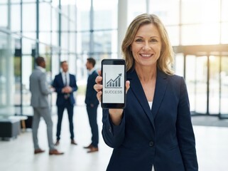 Smiling businesswoman showing growth chart on smartphone in modern office.