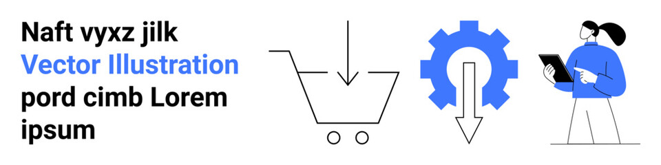 E-commerce, workflow management, online shopping, automation, process optimization, technology. Shopping cart, gear with arrow person with tablet. E-commerce and workflow management