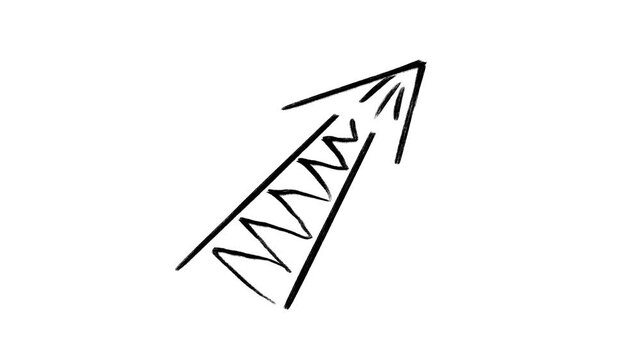 Hand-drawn animated doodle featuring a thick, jagged black arrow moving in an upward, diagonal direction, typically symbolizing financial market volatility, strong growth, success, or rapidly