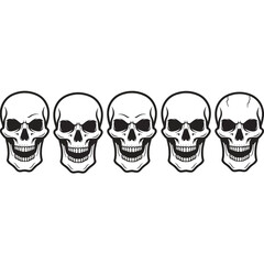 Five menacing human skulls with wide grins in a bold black and white line art style.