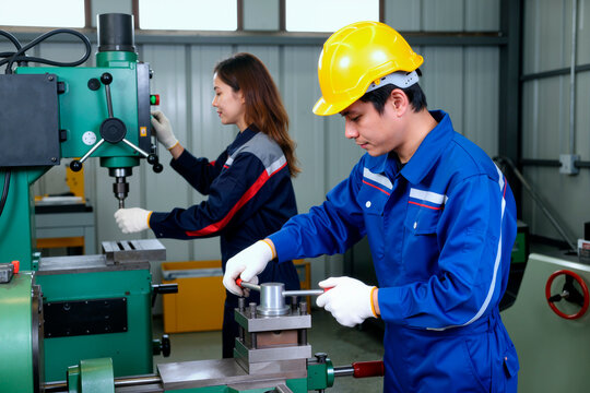Asian young adult man wearing safety helmet operating industrial machine in workshop while Asian young adult woman working with drill press in background, both focused on manufacturing tasks - Powered by Adobe