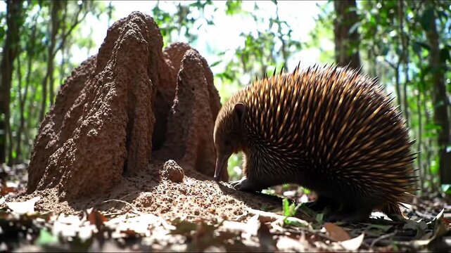 Echidna, spiny anteater, foraging near termite mound in the sunny Australian forest.