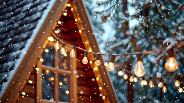 Christmas decor of a wooden house. The Christmas market. The lights of the Christmas inn in the mountains.