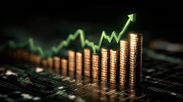Depicting financial growth with a stack of coins and a rising green line. ..Created with Generative AI, not depicting real subjects.