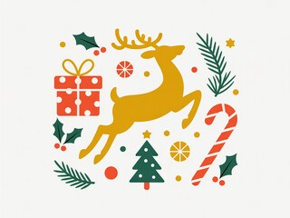 Naklejka premium A flat, minimalist illustration of Christmas-themed elements arranged on a white background.