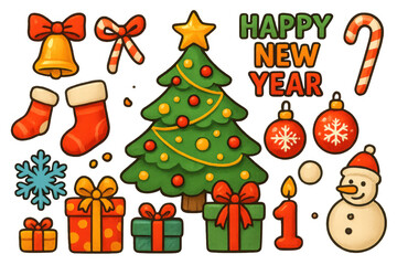 Cartoon collection of various holiday elements, representing christmas, new year, and winter celebrations. All elements on transparent background