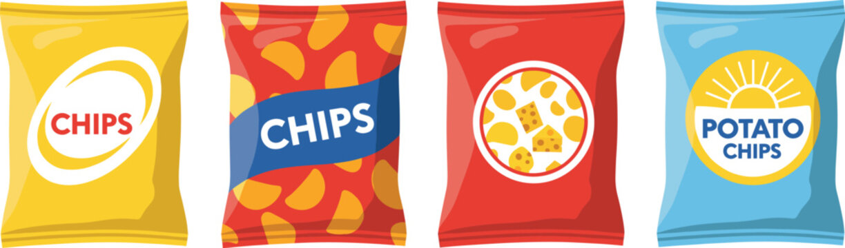 Colorful vector illustration of assorted potato chips packaging bags with different designs and labels for snack food branding.