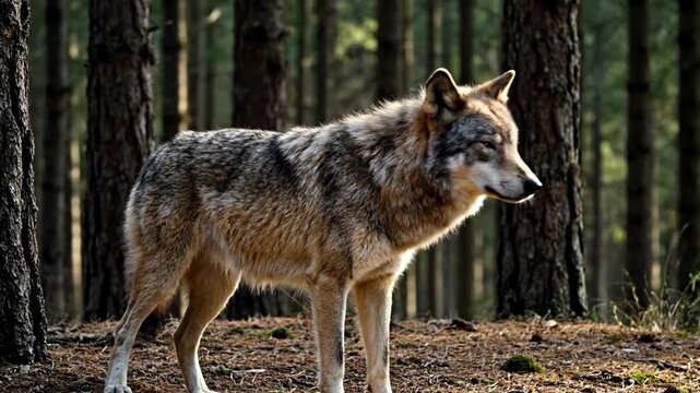 A majestic gray wolf stands alert in a sunlit forest.