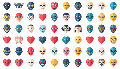 Collection of diverse cartoon faces and heart shapes in a grid pattern.