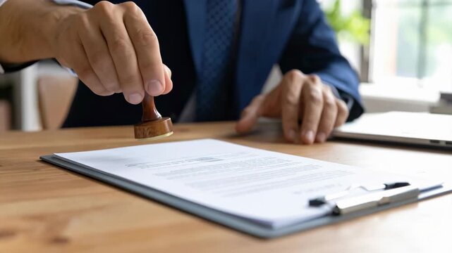 Official legal document approval signature business contract law office authority person suit presses wooden stamp onto document desk, emphasizing legal authority, agreement, and risk of penalty