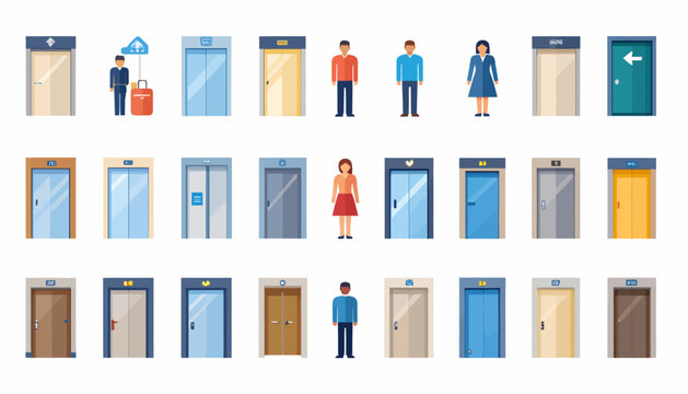 Collection of various elevator doors and people in different poses, showcasing modern building access.