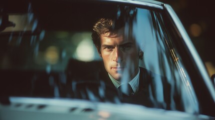Confident man in a suit gazing through a car window, reflections creating a dramatic, introspective mood.
