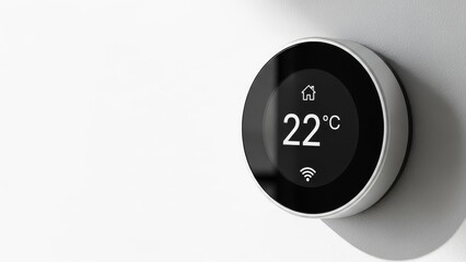 Smart Thermostat Displaying 22°C Temperature on a Wall with Wi-Fi Connectivity