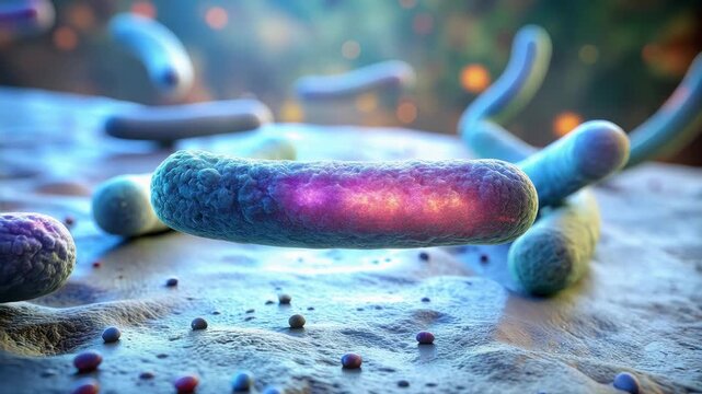 Bacteria microorganism infection disease medical science health closeup microscopic biology research and detailed vdo of bacteria surface highlighting vibrant dynamic nature, blue macro view with