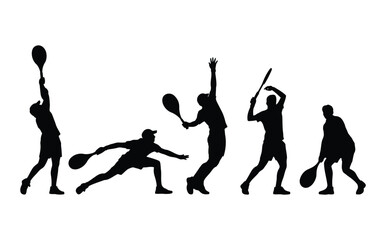 Dynamic tennis players in action poses with rackets