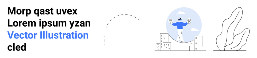 Business growth, balance, leadership, innovation, urban development, success. Person balancing on scales above city buildings. Business growth and balance with creative design
