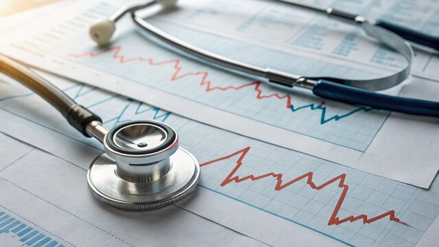 Stethoscope on medical charts showing heartbeat patterns, symbolizing healthcare and diagnostics. - Powered by Adobe