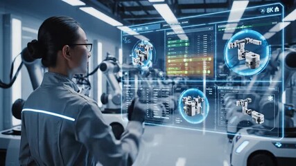 A female technician interacts with holographic blue interfaces in a hightech lab among robots today - Powered by Adobe